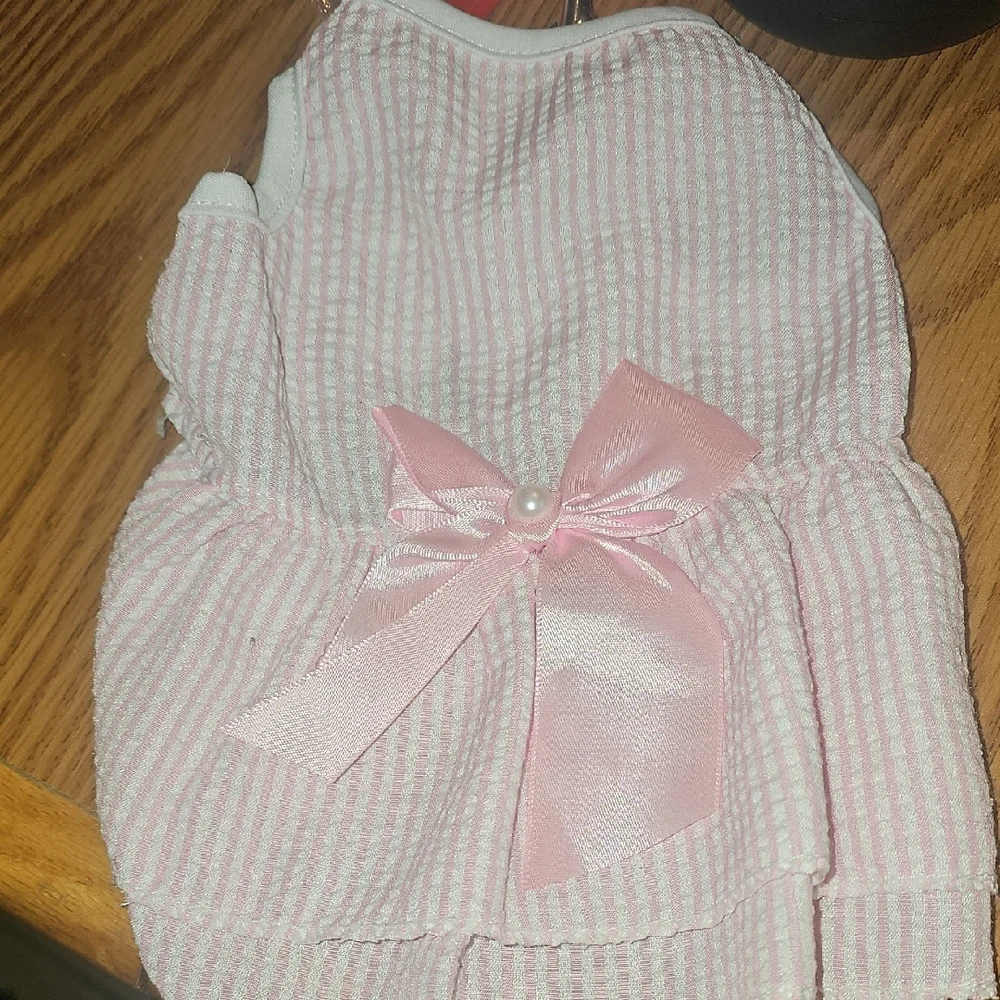 Pink Striped Dog Dress with Pearl Detail Bow Size Small